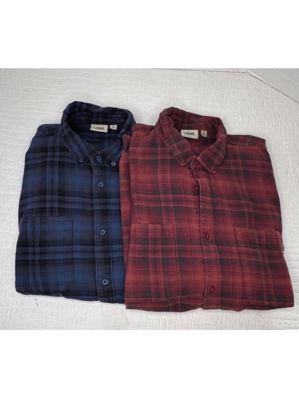 Vans Mens Plaid Flannel Lot of 2 Shirts Red & Blue Long Sleeve XL 100% Cotton